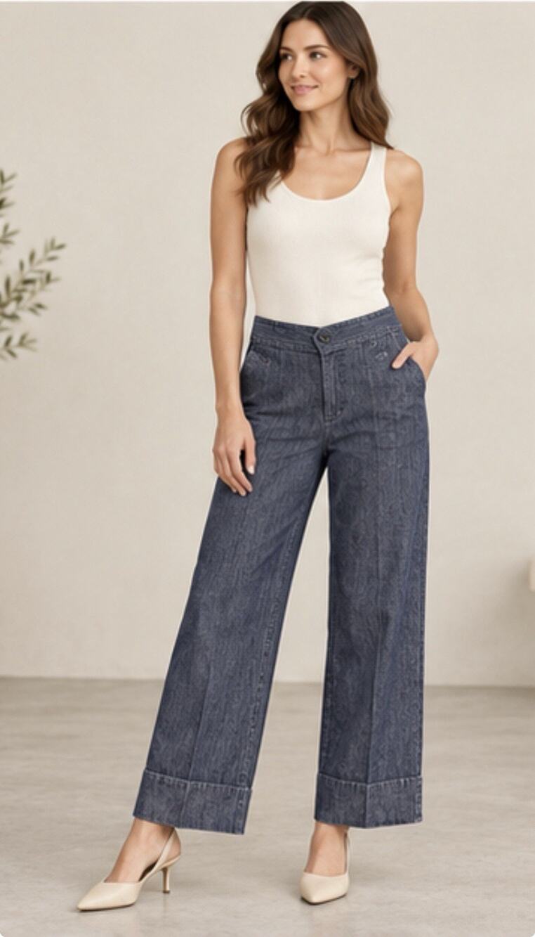 Ann Taylor Women’s Dark Wash Sailor Wide Leg Cuffed Trouser Jeans Size 6